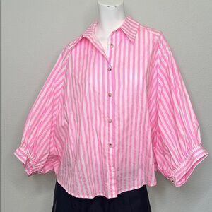 Glam Neon Pink and White Striped Button-Up Blouse